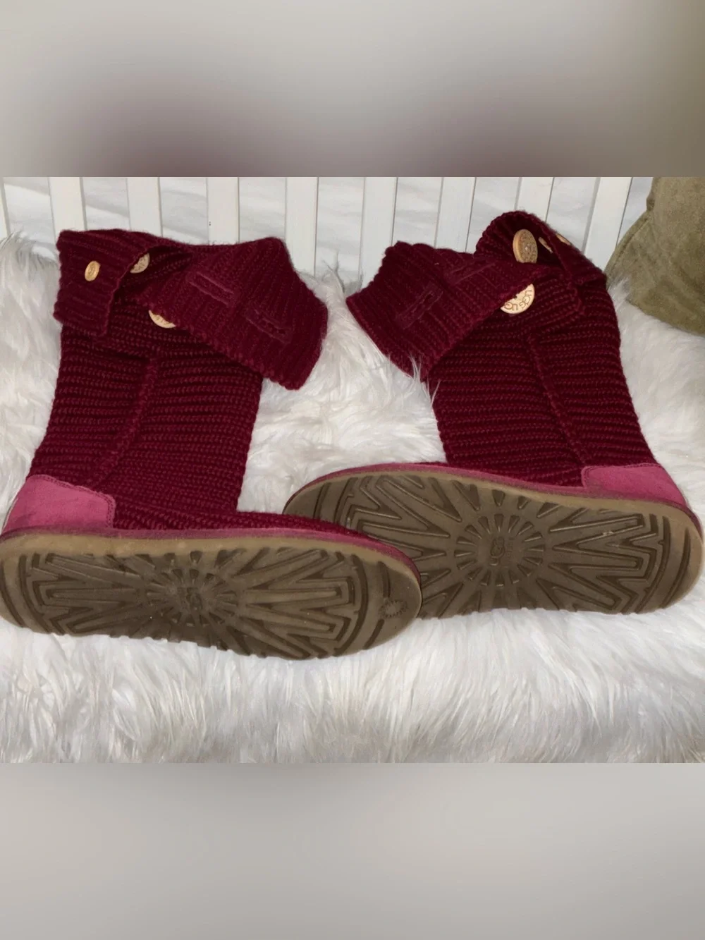 UGG Cardy Knit Boots Womens Burgundy Red Button Tall High Sz 8